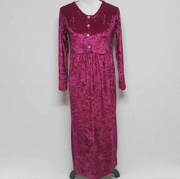 80s Vintage Cervelle Burgundy Crushed Velvet Regencycore Long Sleeve Midi Dress - Picture 4 of 13